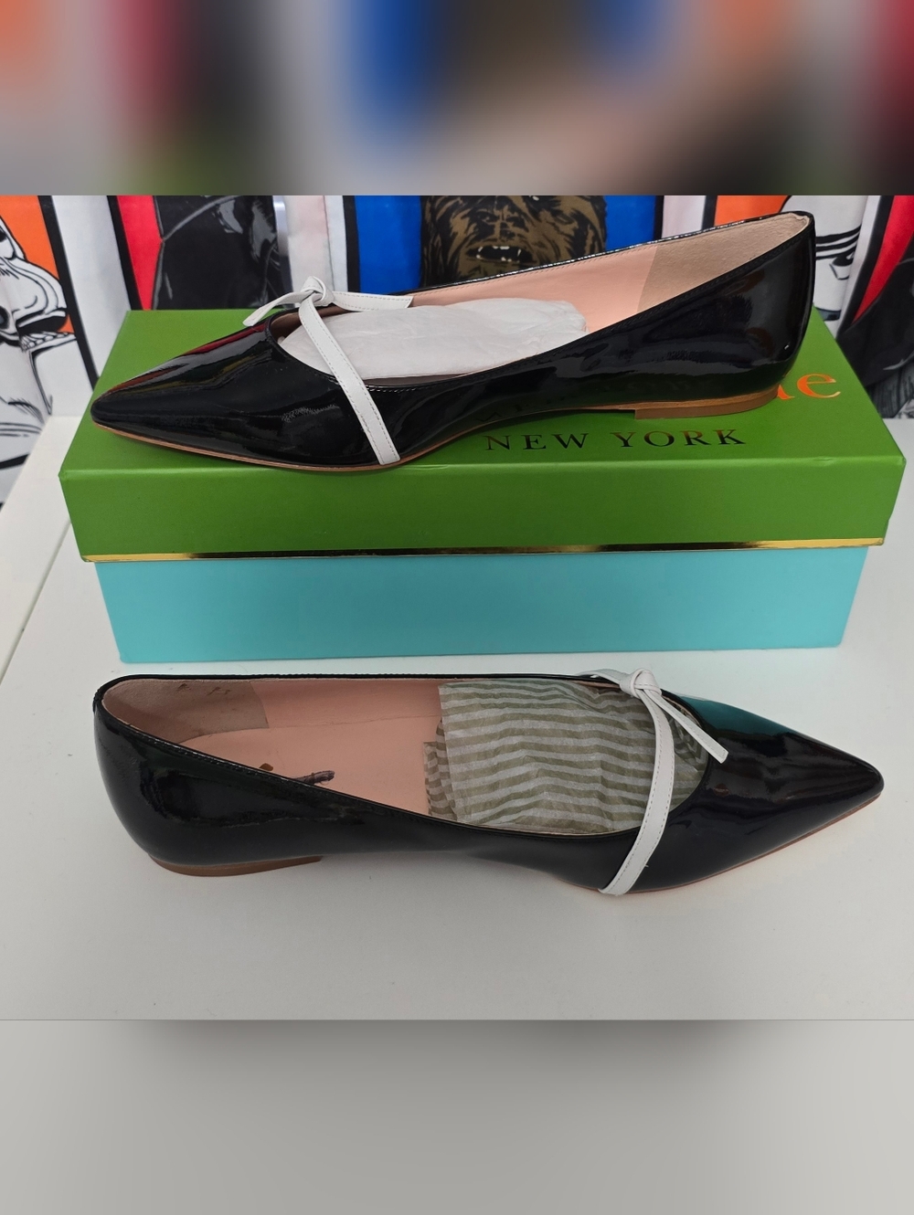 kate spade Black Patent Pointed Toe Flats with White Bow 8.5 Tried On ! Defeaded
